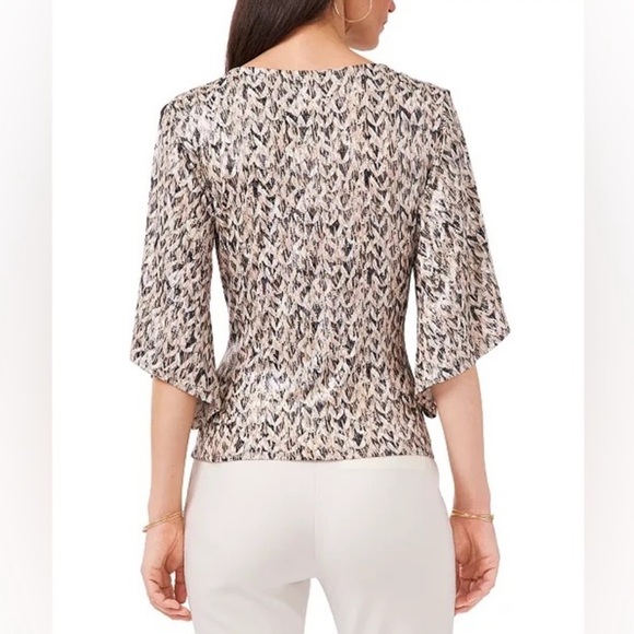 MSK Faux Wrap Top Black& White Paisley Sparkling Sequin Flattering Bell Sleeve - Picture 2 of 15